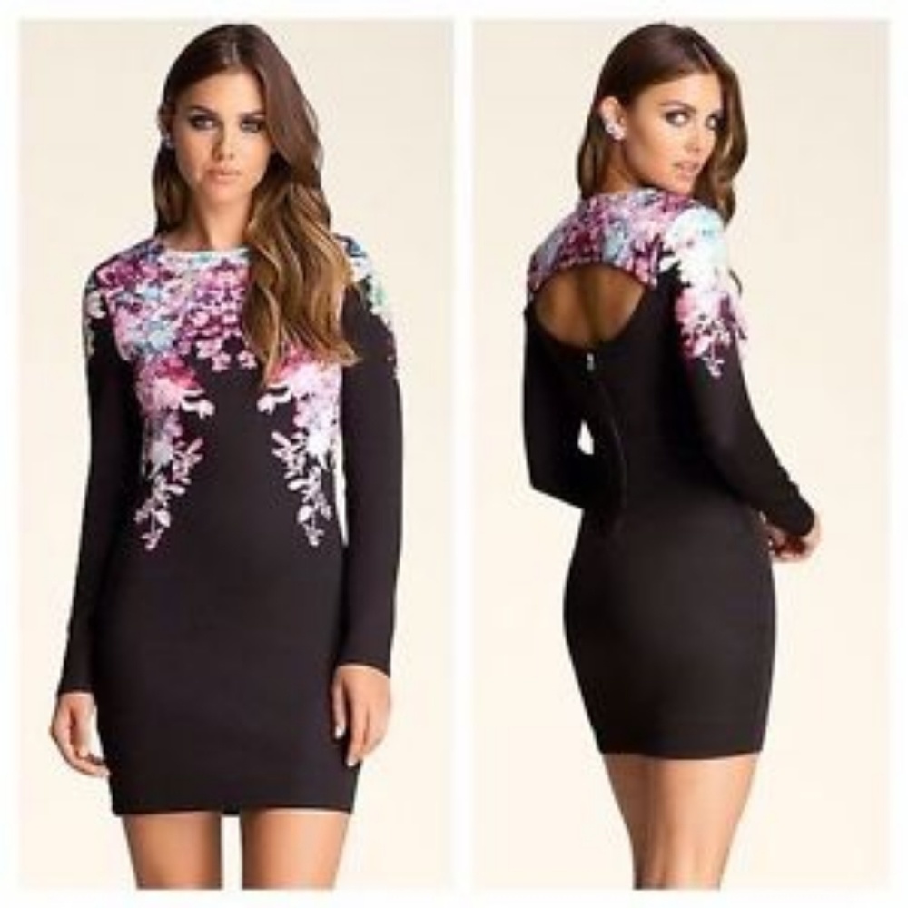 Bebe Long Sleeve Key-hole Black Floral Scuba Dress
